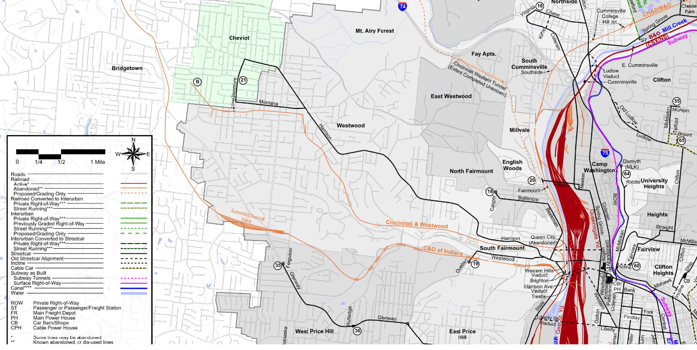 Map of historic rail lines running through Cincinnati