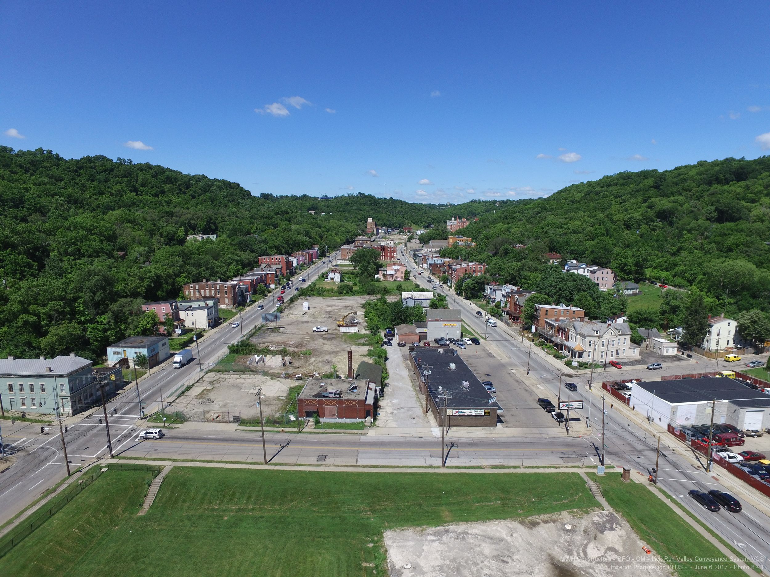 Lick Run Valley, showing Queen City Avenue (on the<br />
					right) as a one-way street to the west, and Westwood (on the left)<br />
					as a one-way street to the east (2017)
