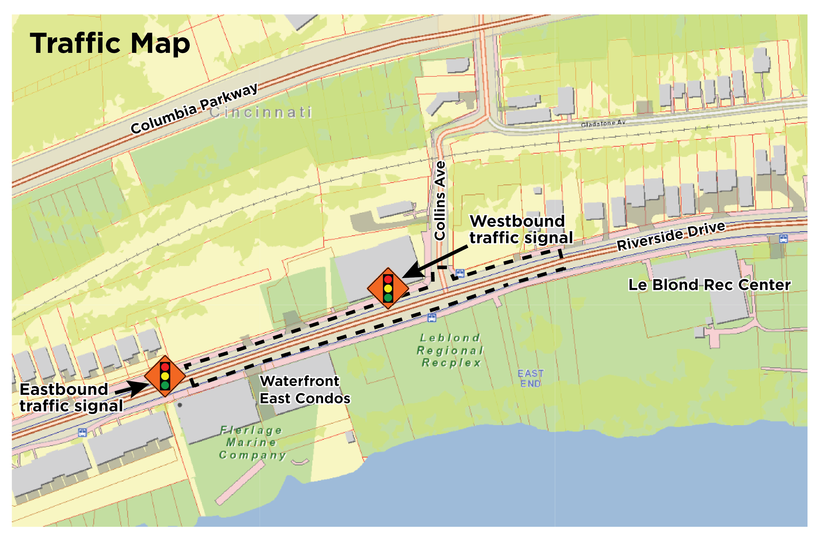 Map showing traffic restrictions on Riverside Drive